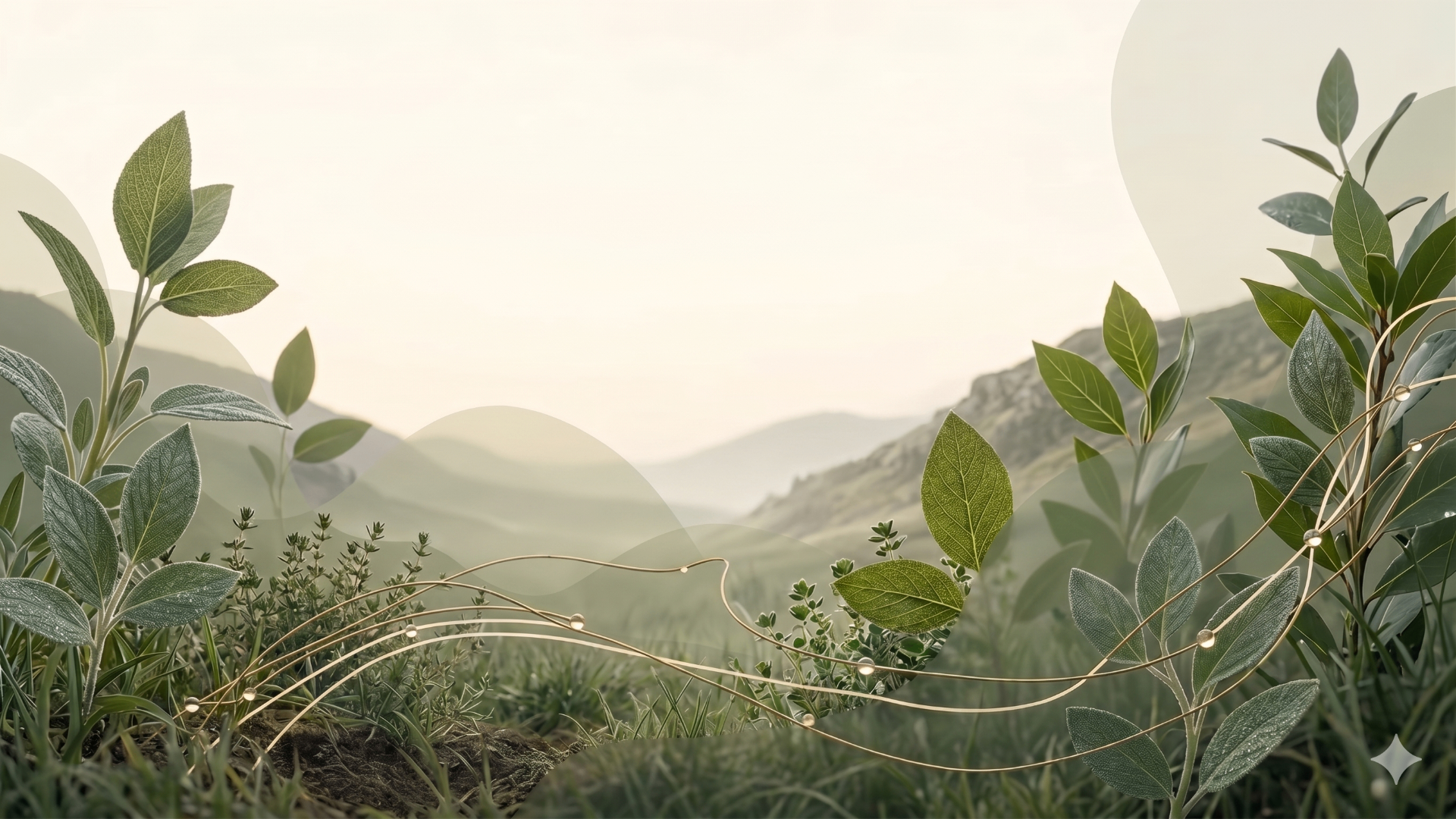 Soft abstract illustration of sage leaves and gentle flowing lines representing calm digital mental wellness