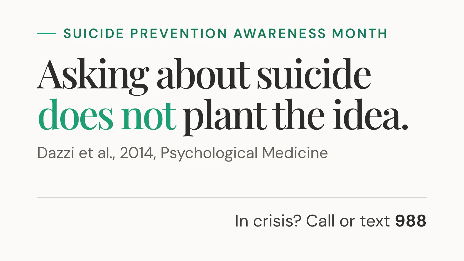 Suicide Prevention Awareness Month. Asking about suicide does not plant the idea. Dazzi et al., 2014, Psychological Medicine. In crisis? Call or text 988.
