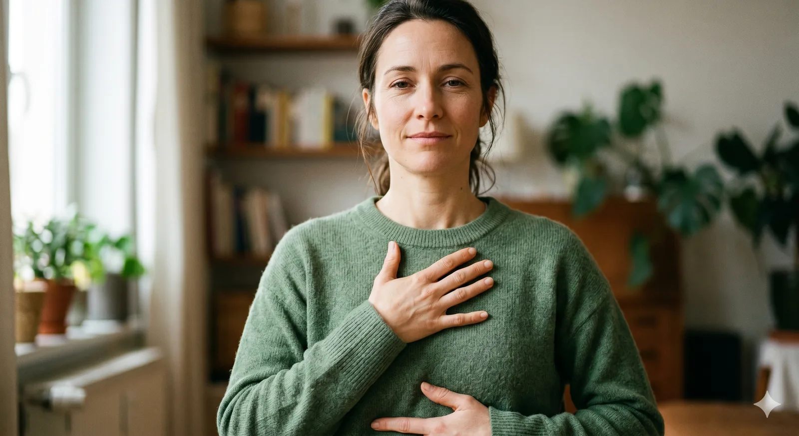 A woman resting one hand on her chest while practicing box breathing.